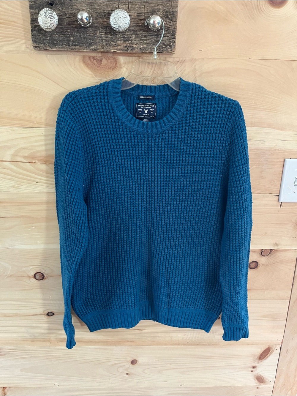 American Eagle Outfitters Seriously Soft Teal Crewneck Waffle-Knit Sweater - M